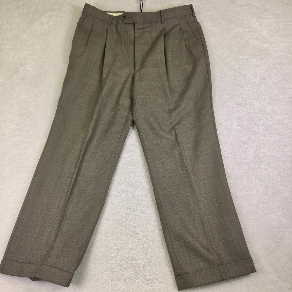 Stafford Mens Brown Glen Plaid Wool Pleated Cuffed Dress Pants 38x30
